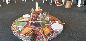 Mat with percussion instruments on it